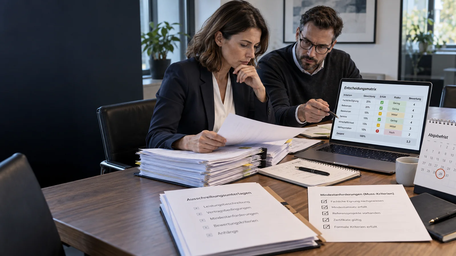 Bid-Team prüft Vergabeunterlagen, Fristen und Muss-Kriterien