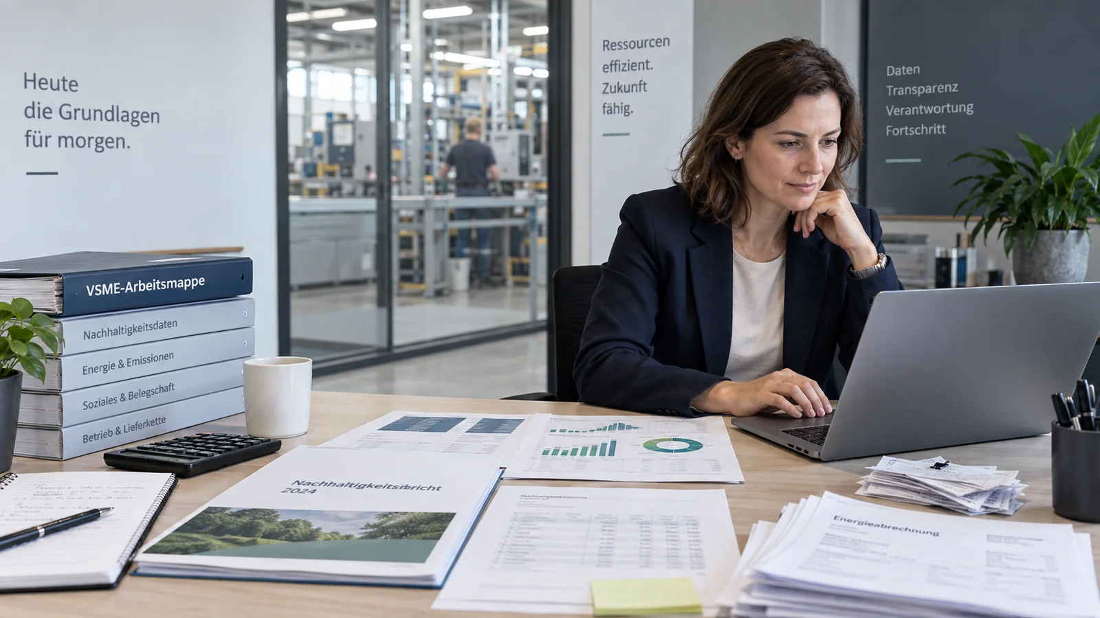 Nachhaltigkeitsverantwortliche prüft Unternehmenskennzahlen und Nachweise