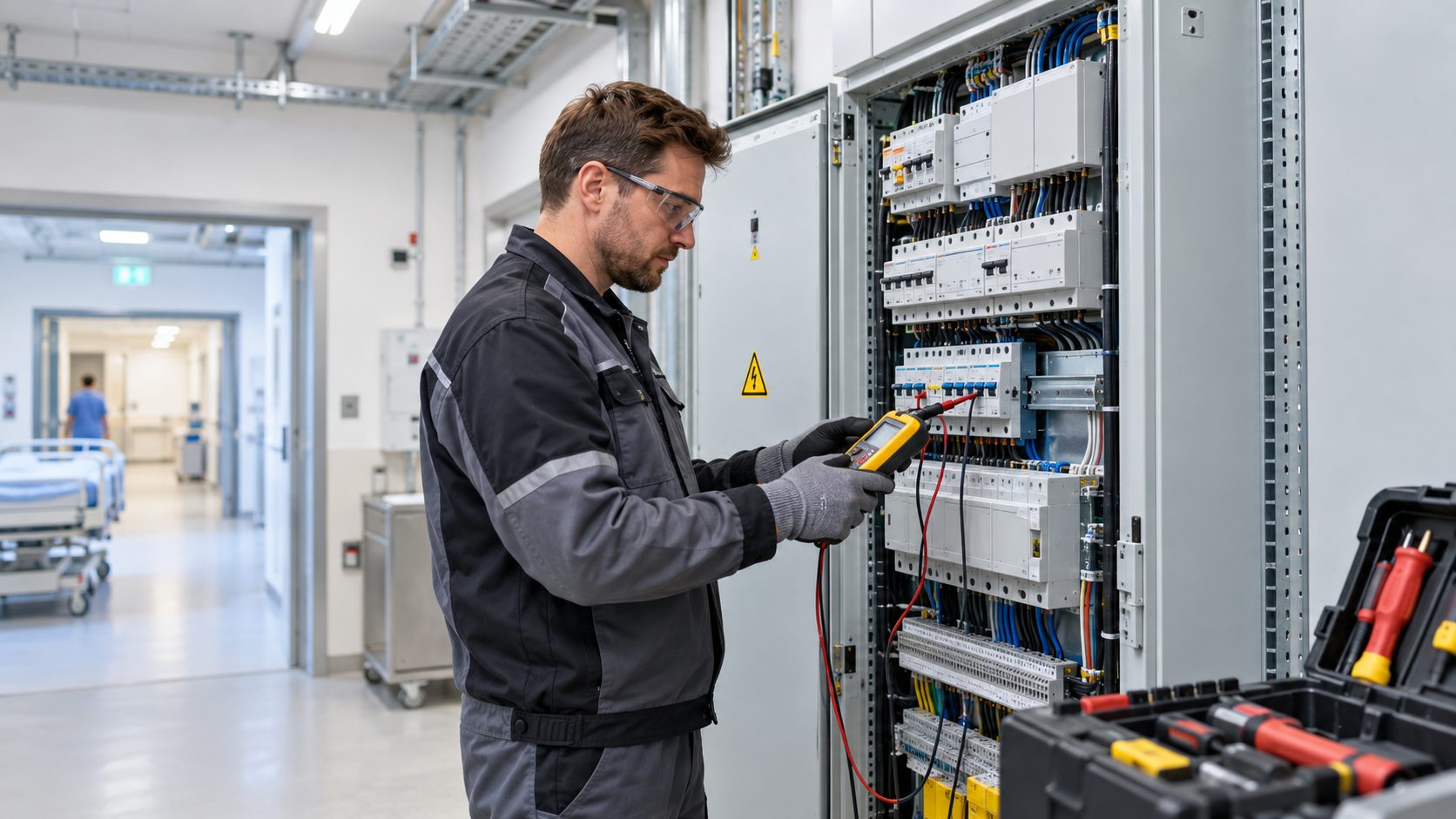 Elektrotechniker prüft einen Schaltschrank im Klinikbetrieb
