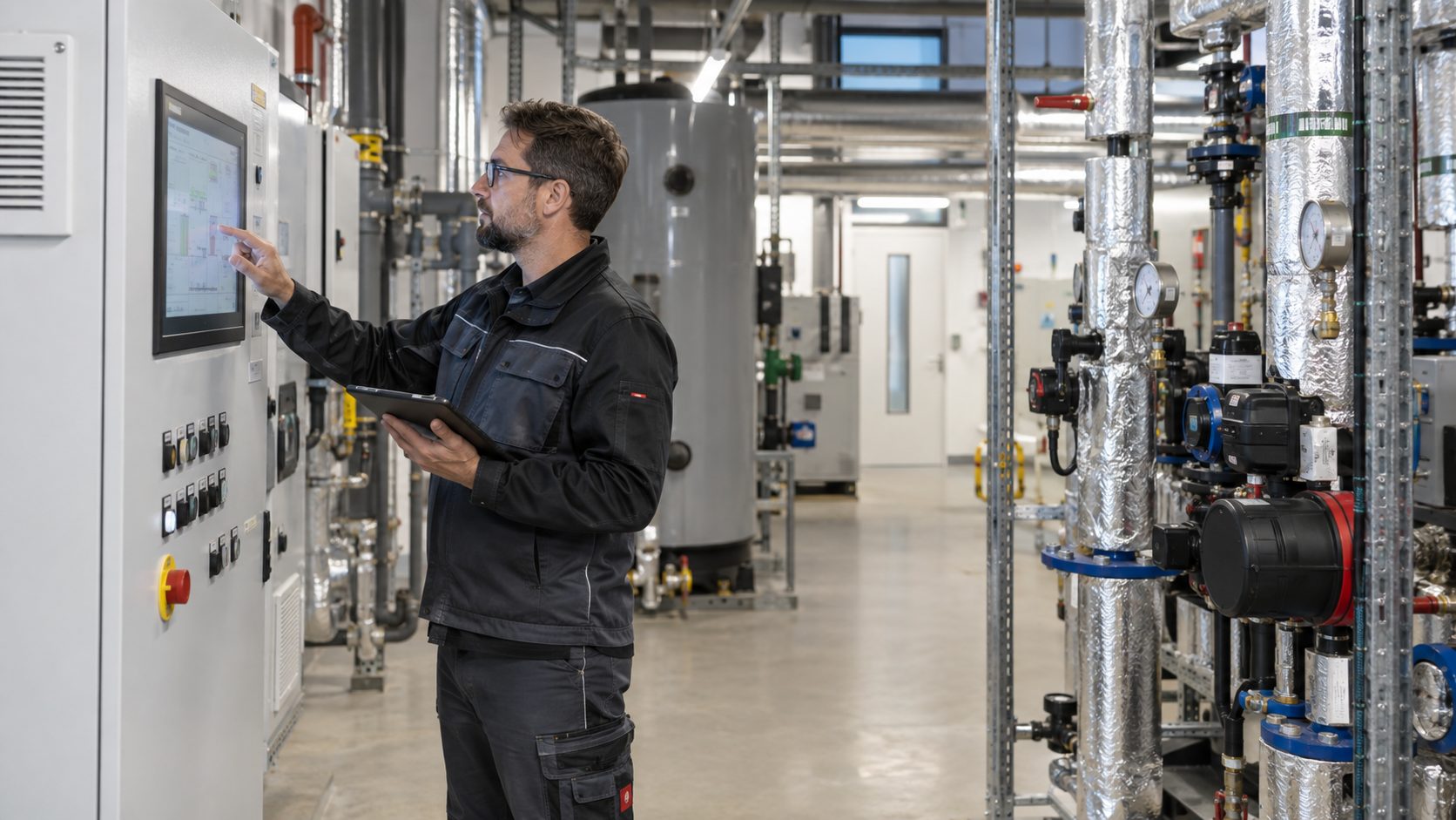 Fachkraft prüft die Gebäudeautomation einer Klinik