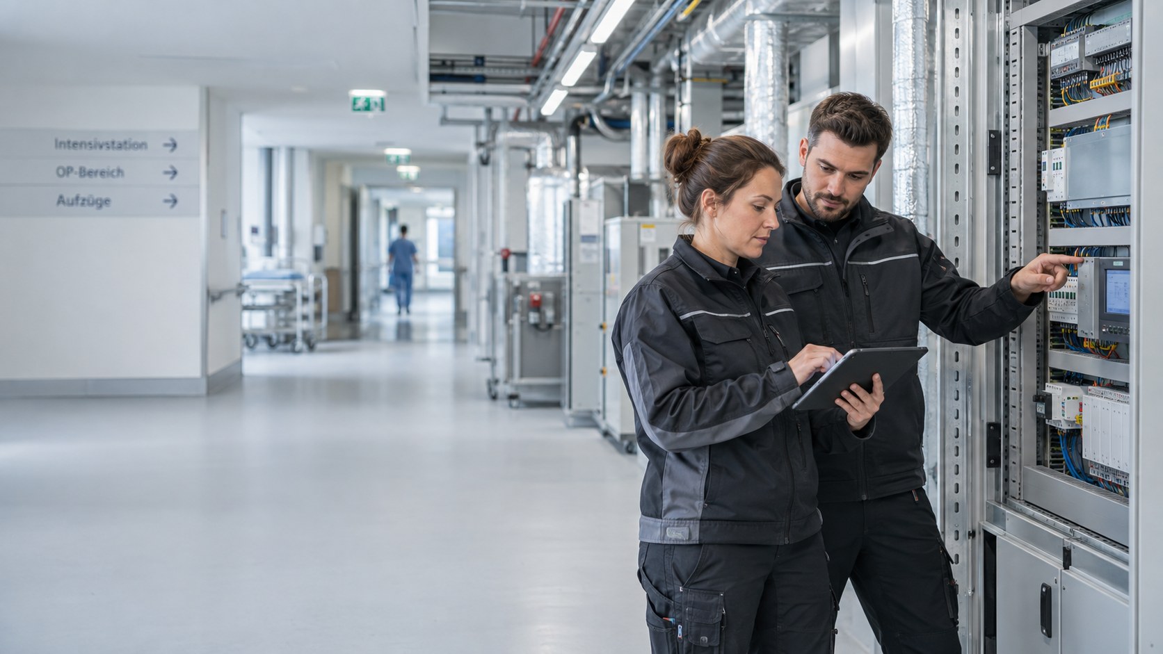 Technische Fachkräfte prüfen Krankenhausinfrastruktur