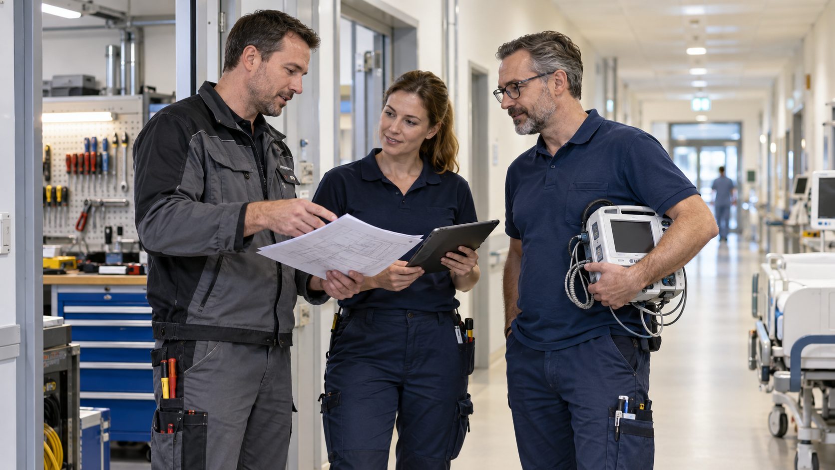 Technische Fachkräfte stimmen Aufgaben im Klinikbetrieb ab